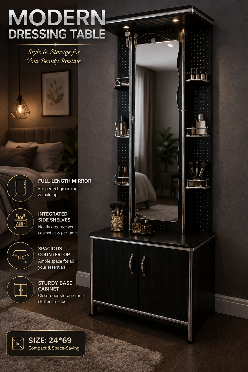 Modern Dressing Table with Full-Length Mirror & Storage | Compact Wooden Vanity Table with Shelves & Cabinet