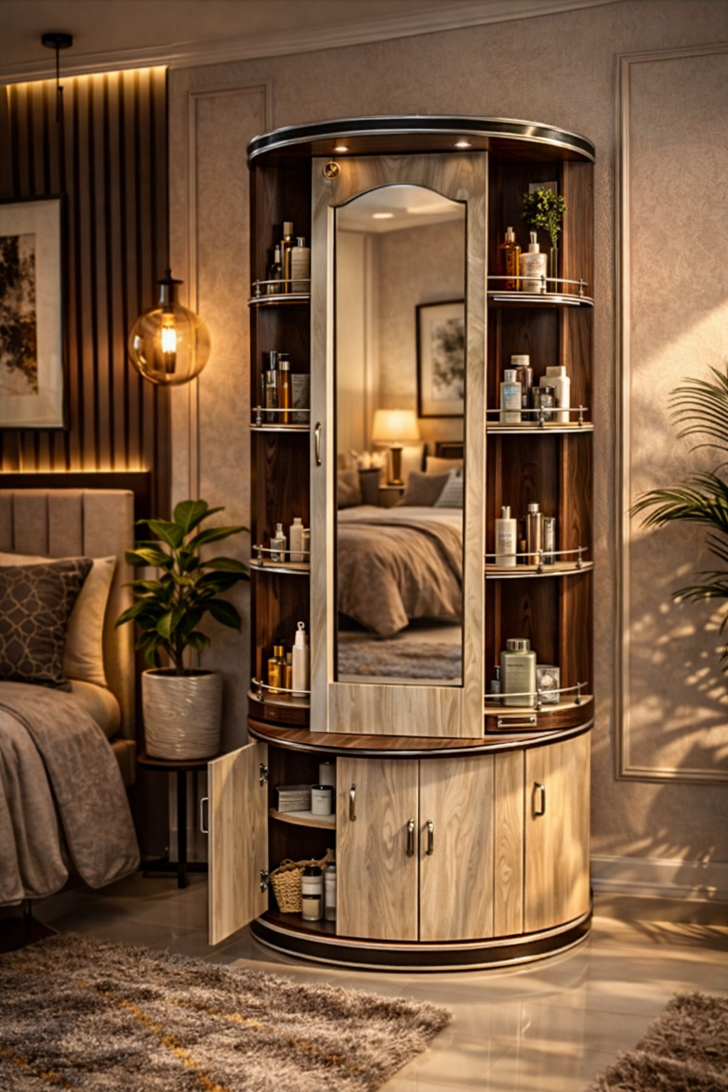 Modern Round Dressing Table with Mirror & Storage