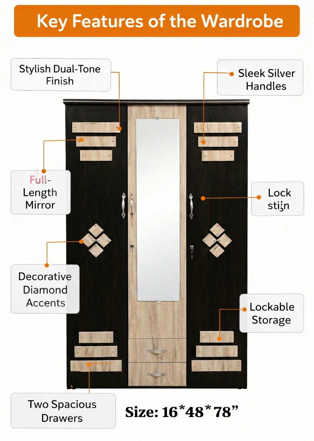 Wooden 3 Door Wardrobe with Mirror | 16x48x78 Inch Almirah | Lockable Storage Cabinet with Drawers