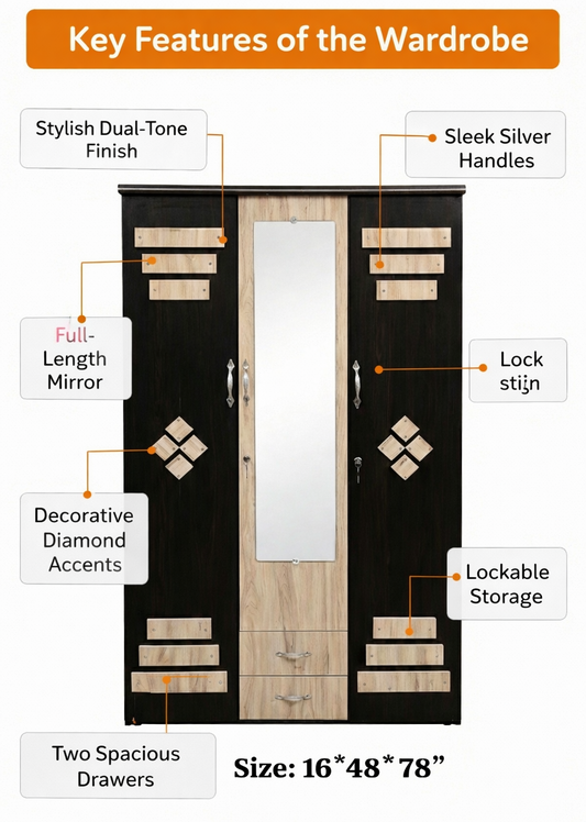 Wooden 3 Door Wardrobe with Mirror | 16x48x78 Inch Almirah | Lockable Storage Cabinet with Drawers