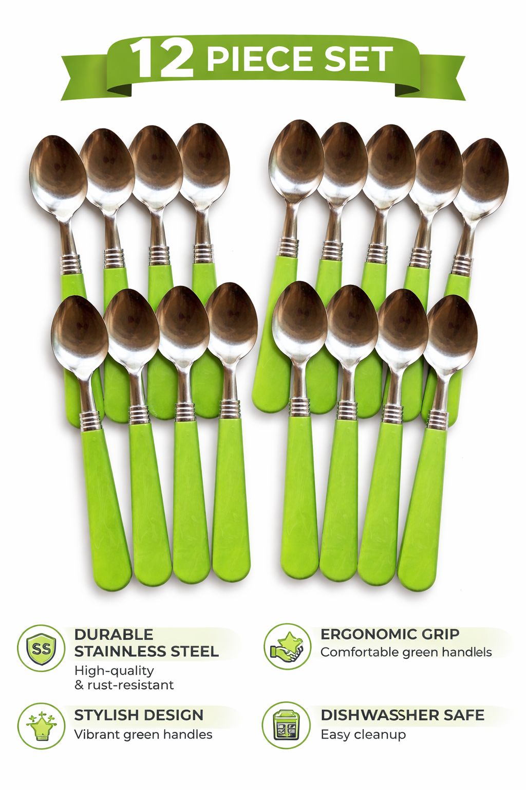 Stainless Steel Spoon Set (12-Piece) – Durable Tea & Dessert Spoons with Ergonomic Green Handles, Rust-Resistant, Dishwasher Safe, Stylish Cutlery for Daily Use