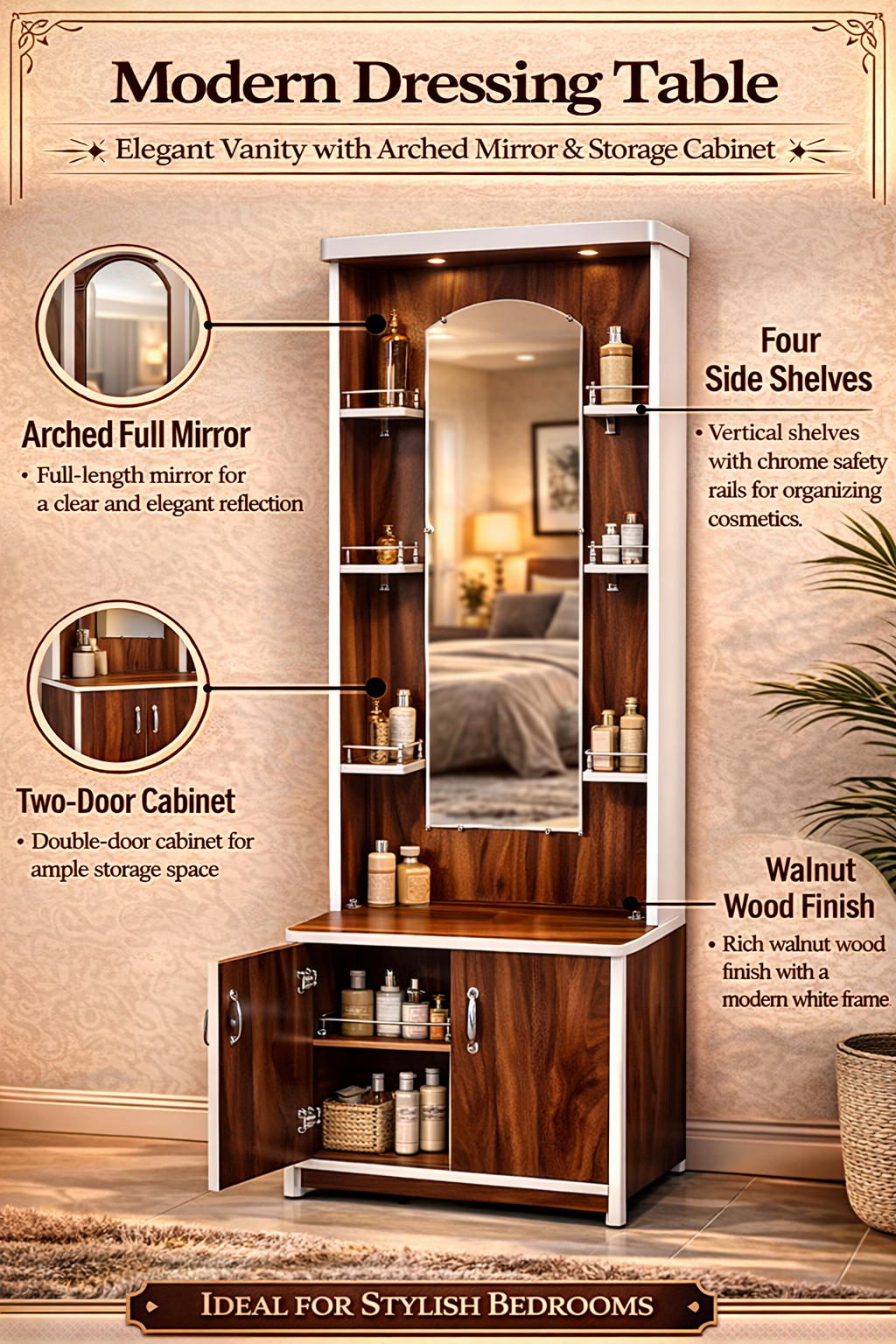 Modern Dressing Table with Mirror & Storage Cabinet | Wooden Vanity Table with Side Shelves