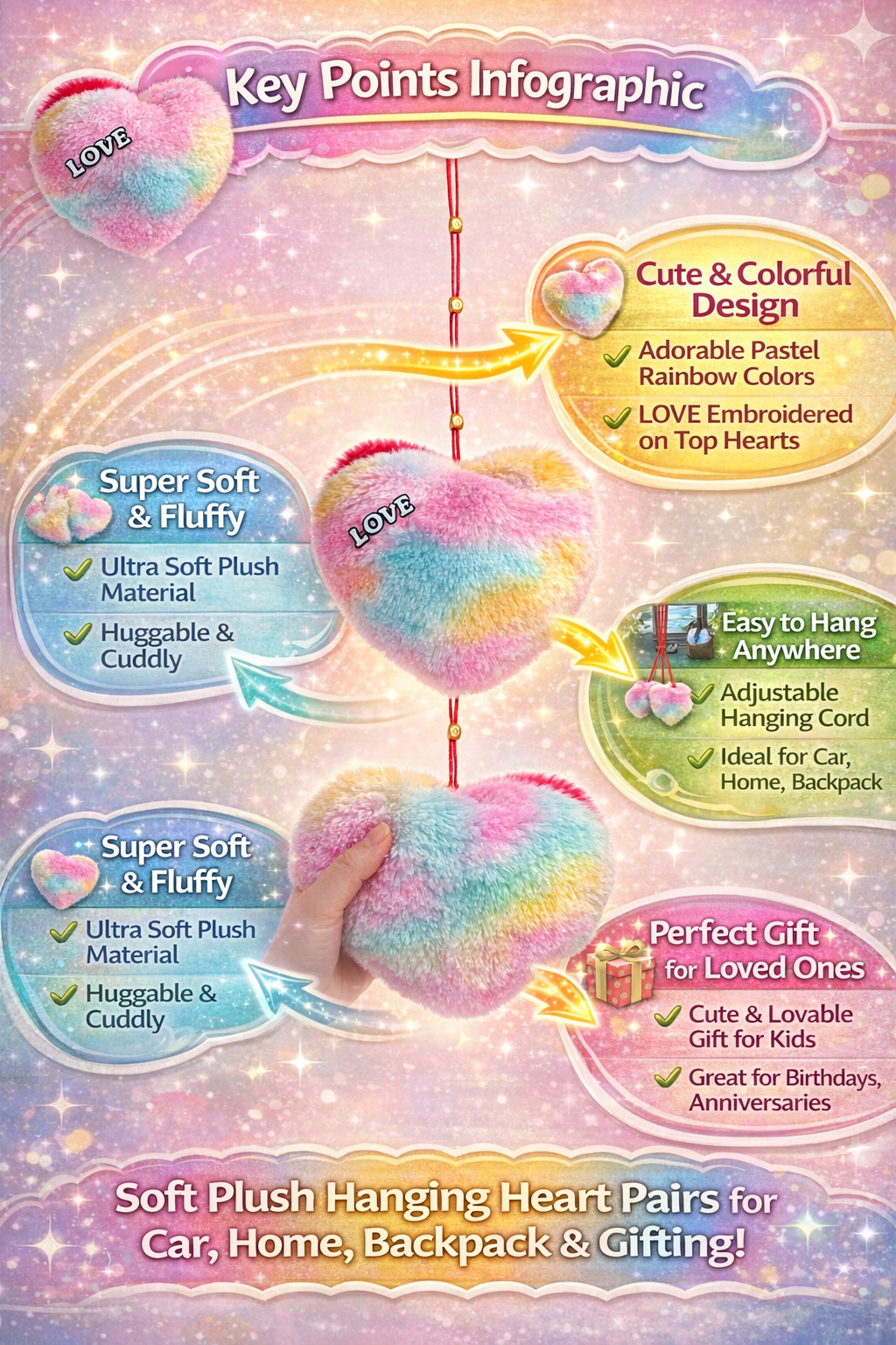 Plush Heart Pillow Soft Toy | Rainbow Fur Hanging Cushion with “Love” Embroidery