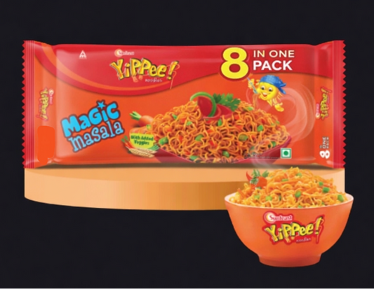 Sunfeast YiPPee! Magic Masala Instant Noodles 8 Pack | Delicious Masala Flavor | Non-Sticky Long Noodles | Quick 2-Minute Snack | Veg Noodles Pack