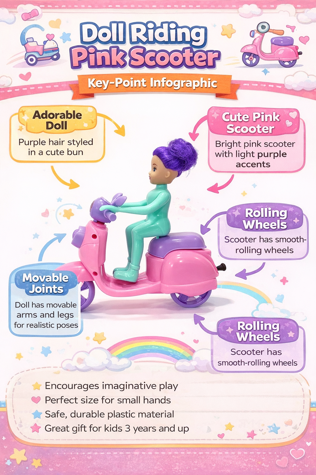 Cute Girl Doll Riding Bike with Movable Joints – Pretend Play Toy for Girls (3+ Years)