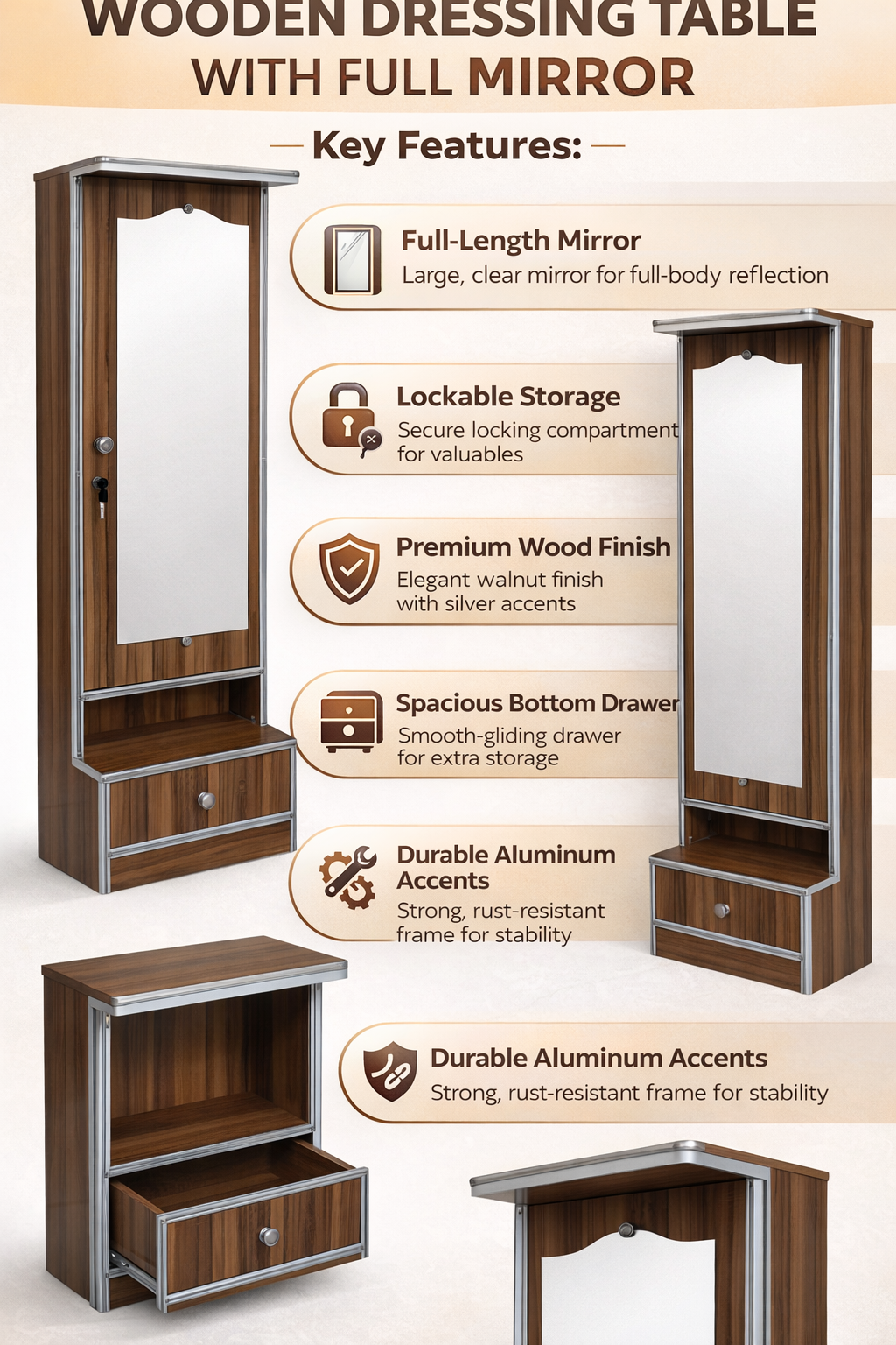 Wooden Dressing Table with Full-Length Mirror & Storage | Modern Dressing Unit with Drawer & Lock | Space Saving Dressing Table for Bedroom