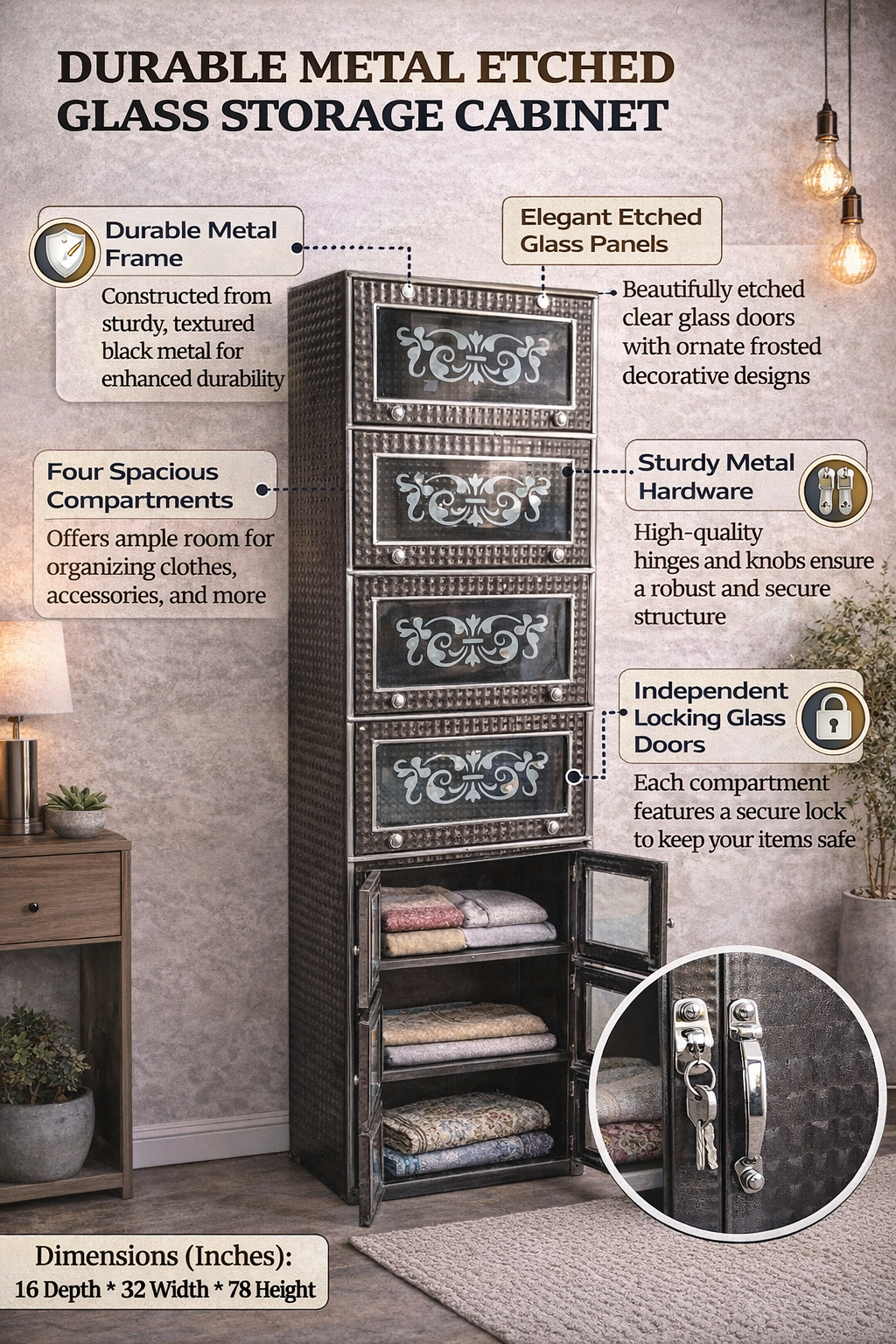Metal Storage Cabinet with Etched Glass Doors | 4 Compartment Steel Almirah with Lock | Tall Kitchen & Home Storage Cupboard | Durable Textured Finish (16x32x78 Inch)