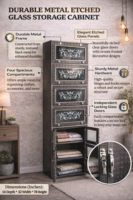 Metal Storage Cabinet with Etched Glass Doors | 4 Compartment Steel Almirah with Lock | Tall Kitchen & Home Storage Cupboard | Durable Textured Finish (16x32x78 Inch)