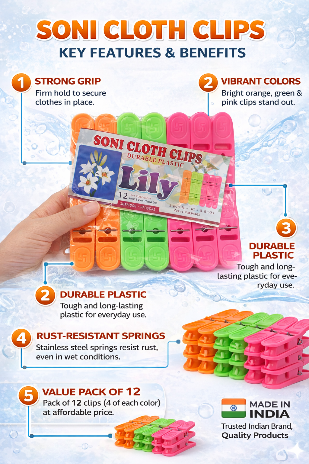 Cloth Clips for Clothes Drying Pack of 12 | Heavy Duty Plastic Cloth Pegs