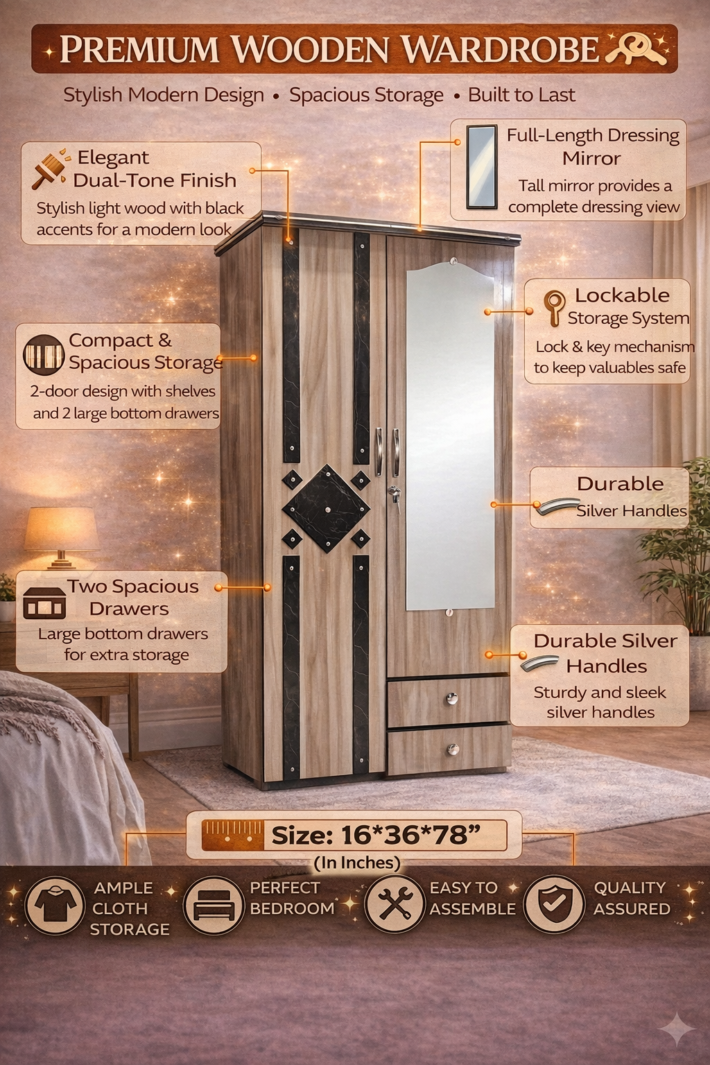 Wooden 2 Door Wardrobe with Mirror | 16x36x78 Inch Almirah | Rustic Grey Cupboard with Lock & Drawer