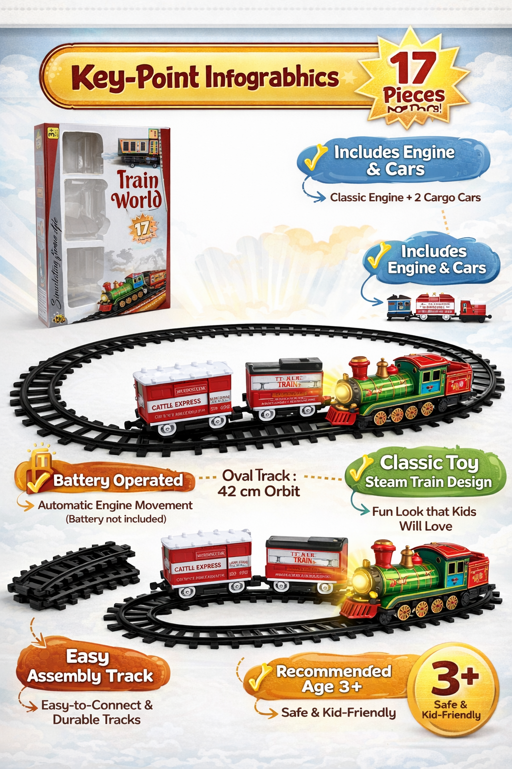 Toy Train Set for Kids | 17 Pieces Battery Operated Train with Track