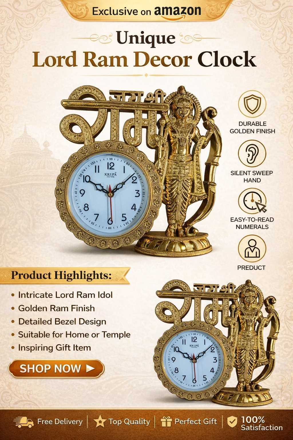Shri Ram Ji Decorative Table Clock | Silver Finish Ram Idol with Bow | Premium Quartz Desk Clock