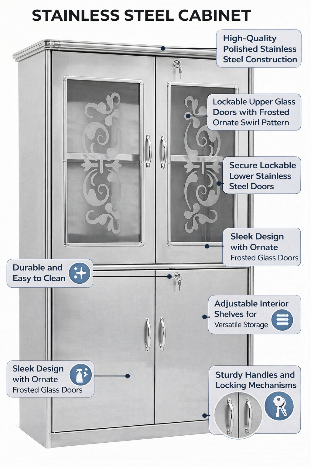 WOOD Kitchen Storage Cabinet with Glass Doors & Lock | Modular WOODEN Almirah for Home, Kitchen, Office