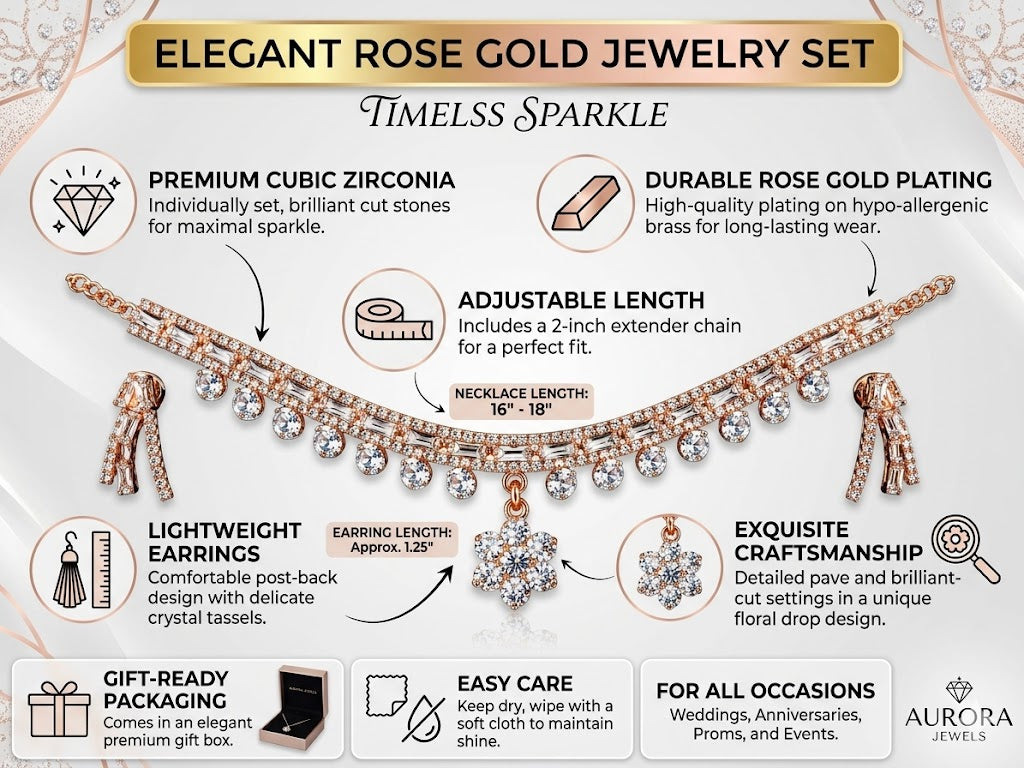 Harmal Store Elegant Rose Gold Jewelry Set – Premium Cubic Zirconia Floral Necklace with Matching Tassel Earrings for Weddings, Anniversaries, and Special Occasions