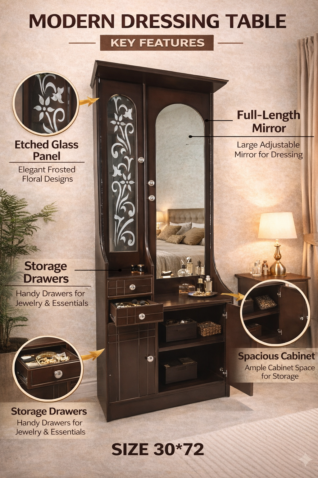 Modern Wooden Dressing Table with Full-Length Mirror & Storage