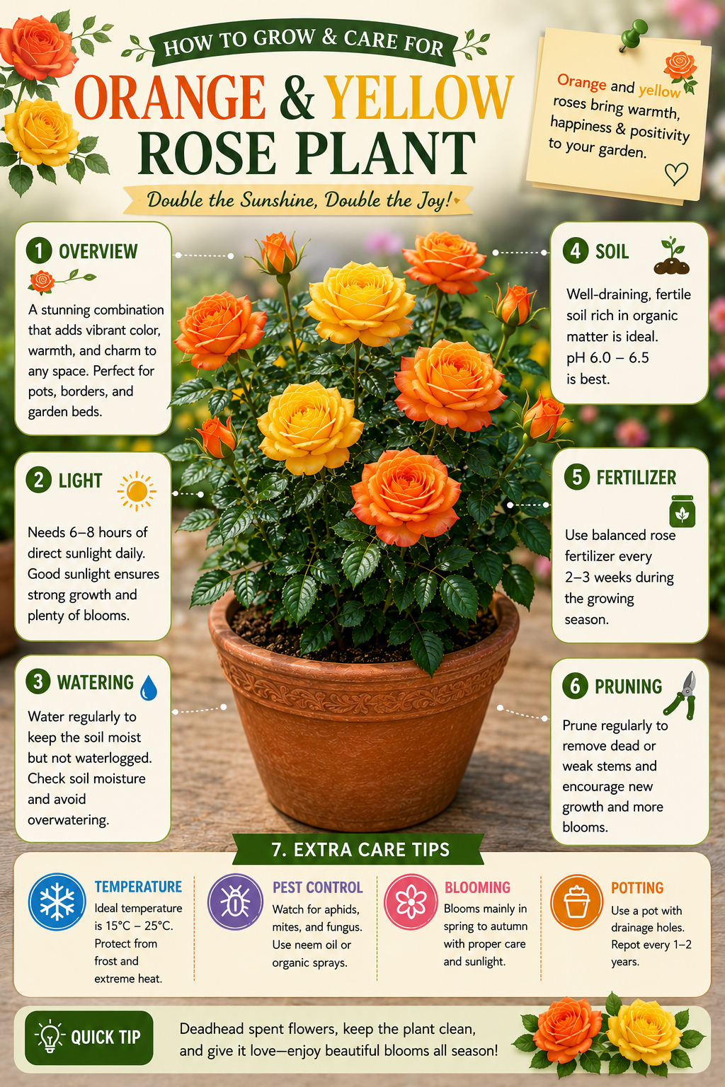 A vibrant combination of orange and yellow blooms that brings warmth, happiness, and beauty to any garden, balcony, patio, or indoor space.