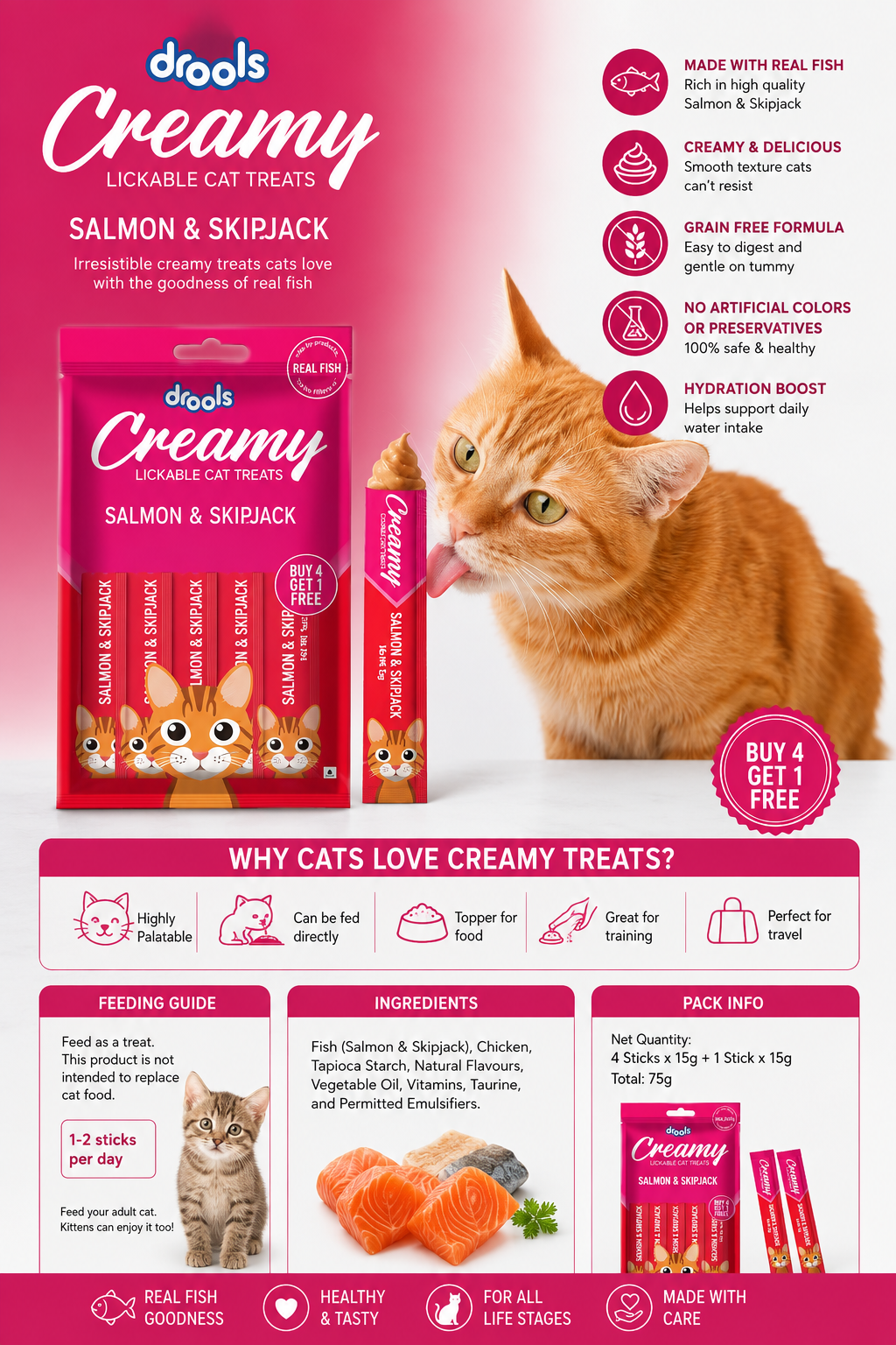 Drools Creamy Lickable Cat Treats Salmon & Skipjack | Real Fish Cat Treat | Creamy Wet Cat Snack | Grain-Free Formula | Highly Palatable Cat Treats | Adult Cats & Kittens | 15g x 5 Sticks