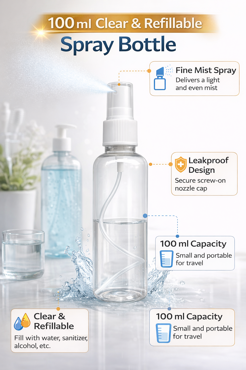 100 ml Spray Bottle for Sanitizer, Perfume & Water | Refillable Fine Mist Spray Bottle