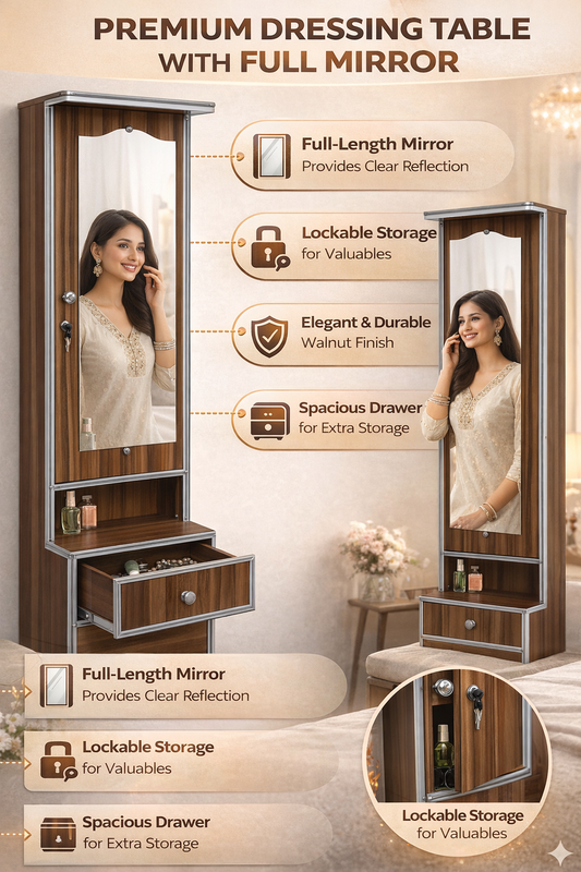 Wooden Dressing Table with Full-Length Mirror & Storage | Modern Dressing Unit with Drawer & Lock | Space Saving Dressing Table for Bedroom
