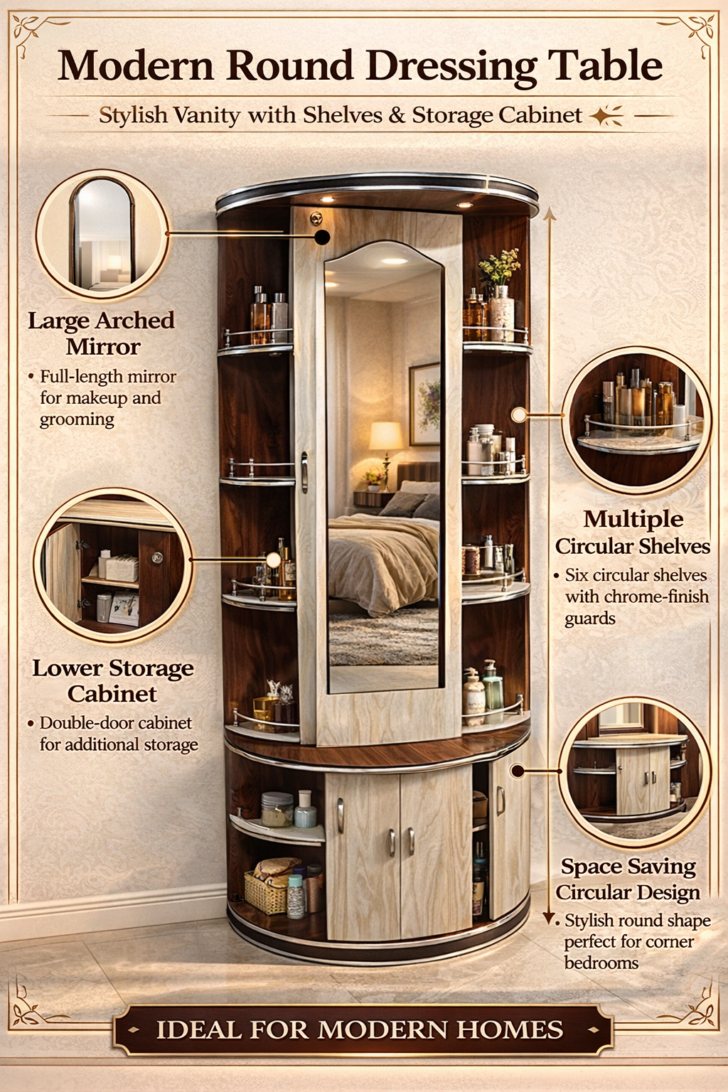Modern Round Dressing Table with Mirror & Storage