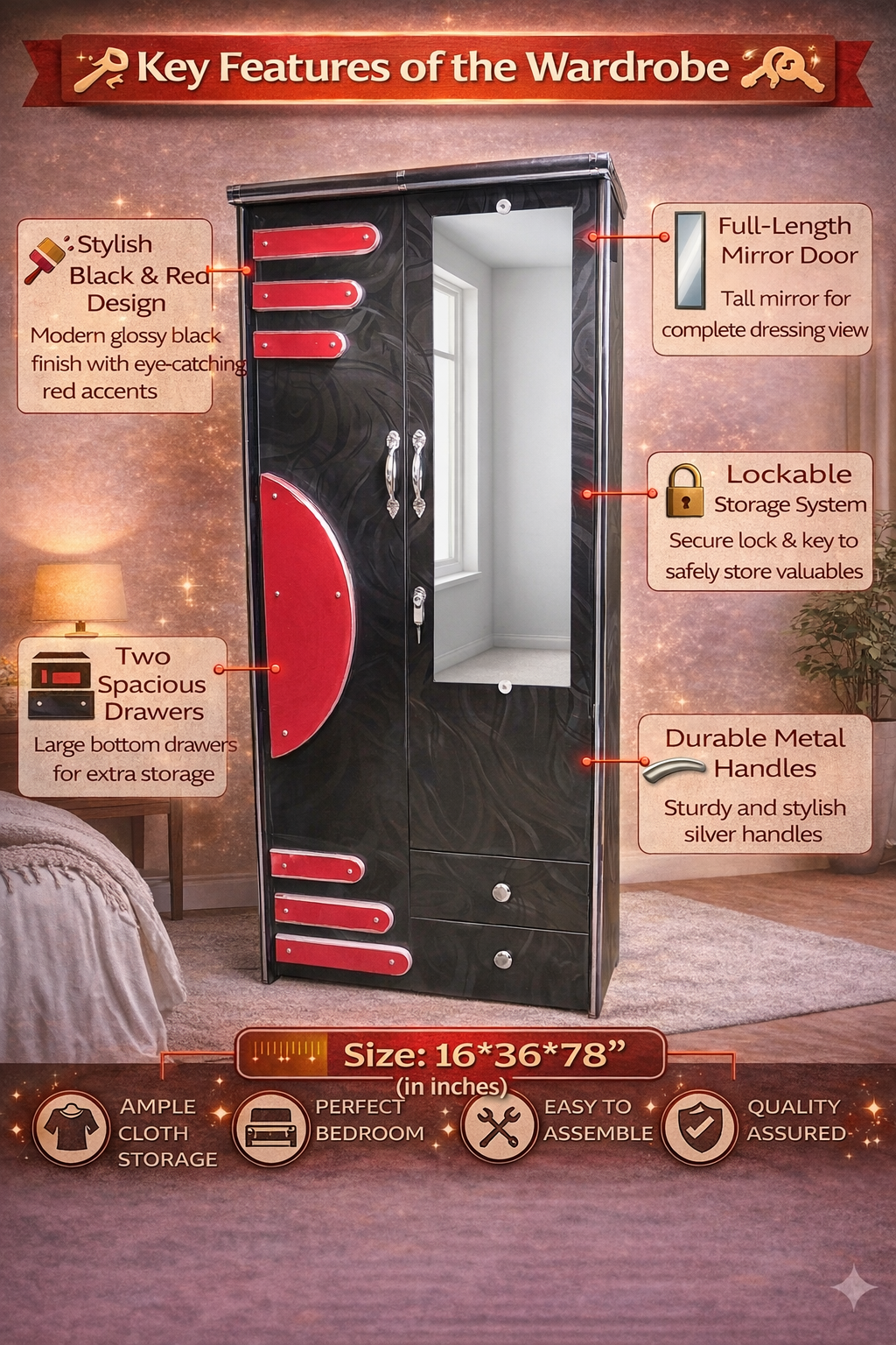 Wooden 2 Door Wardrobe with Mirror | 16x36x78 Inch Almirah | Black & Red Designer Cupboard with Lock & Drawers