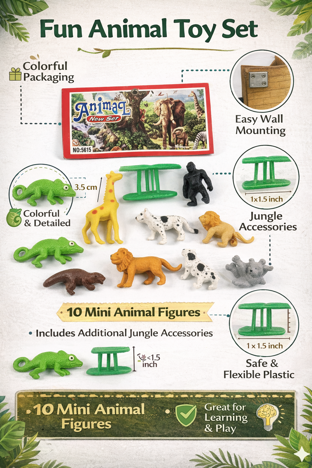 Mini Animal Toy Set for Kids – 10 PCS Jungle Animal Figures with Accessories, Educational Learning Toys, Safe Plastic Miniatures for Boys & Girls