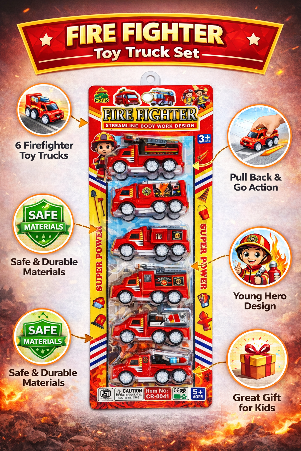 Fire Truck Toy Set for Kids (Pack of 6), Mini Fire Fighter Vehicles, Pull Back Rescue Trucks, Plastic Toy Cars Set for Boys & Girls (Ages 3+)