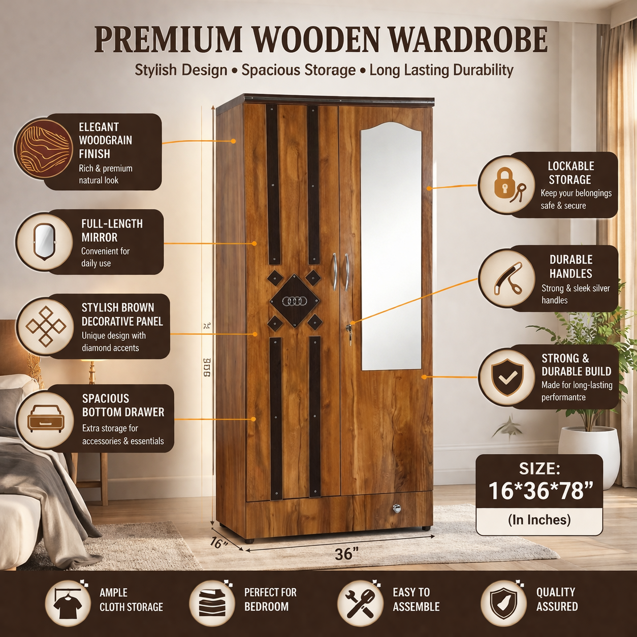 Wooden 2 Door Wardrobe with Mirror | 16x36x78 Inch Almirah | Lockable Storage Cupboard with Drawer