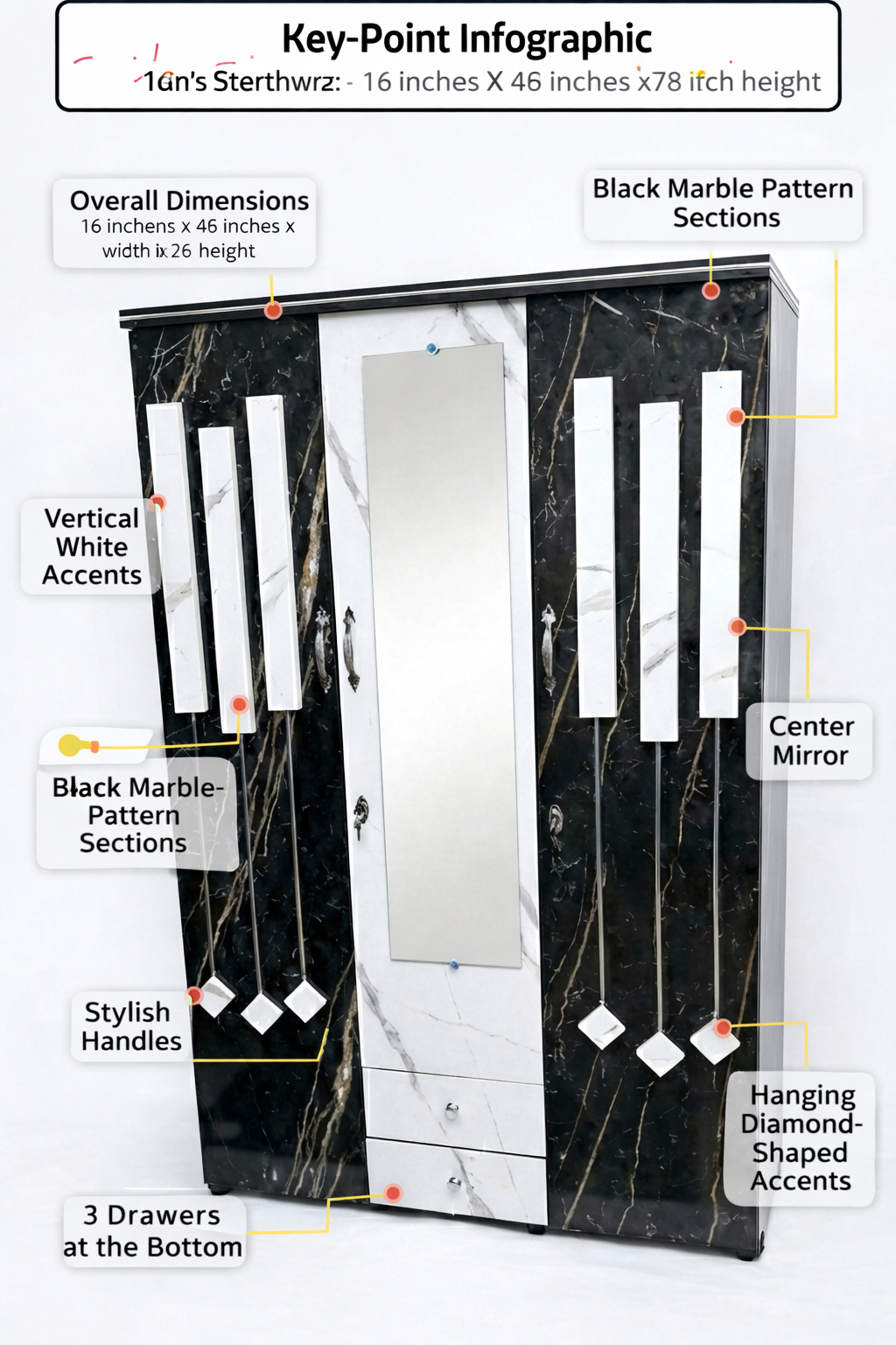 3 Door Wardrobe with Mirror | Black Marble Finish Wooden Almirah