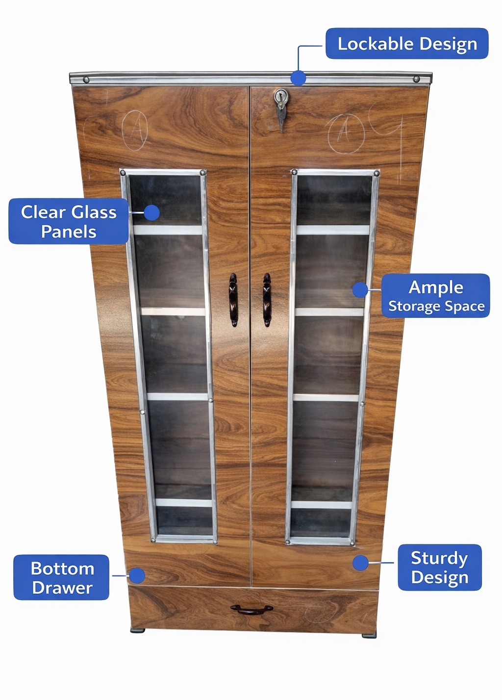 Wooden Storage Cabinet with Glass Doors & Drawer | Modern Wardrobe Organizer with Lock & Shelves