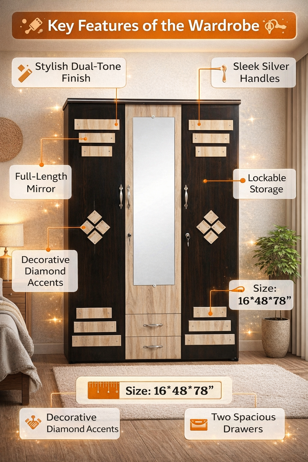 Wooden 3 Door Wardrobe with Mirror | 16x48x78 Inch Almirah | Lockable Storage Cabinet with Drawers