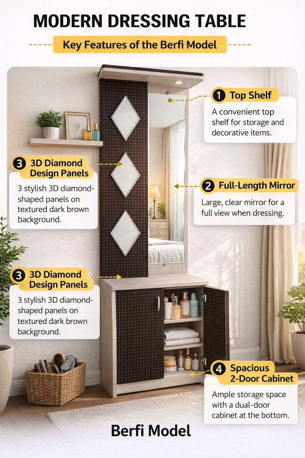 Modern Dressing Table with Full-Length Mirror & Storage Cabinet | Wooden Makeup Vanity Unit with Top Shelf & 3D Diamond Design Panels