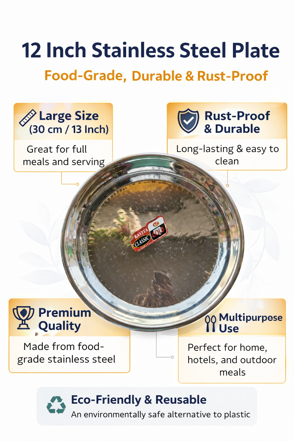 12 Inch Stainless Steel Thali Plate | Large Indian Dinner Plate | Food-Grade, Heavy Duty & Rust-Proof Steel Serving Plate