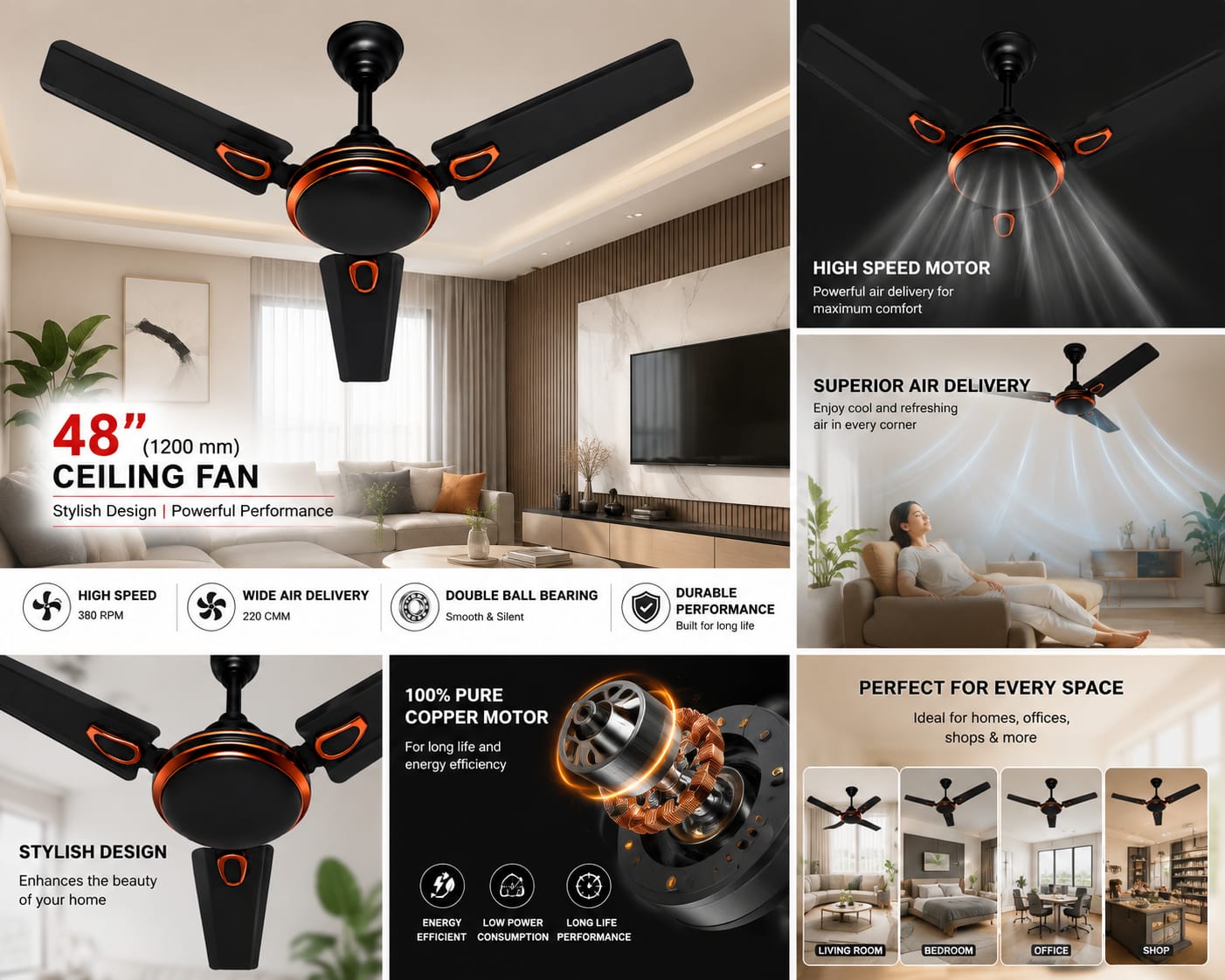 48 Inch (1200 mm) High Speed Ceiling Fan | 380 RPM | 100% Copper Motor | Double Ball Bearing | Rust Proof Body | Energy Efficient | 3 Blade Home Ceiling Fan | Silent Operation | Black