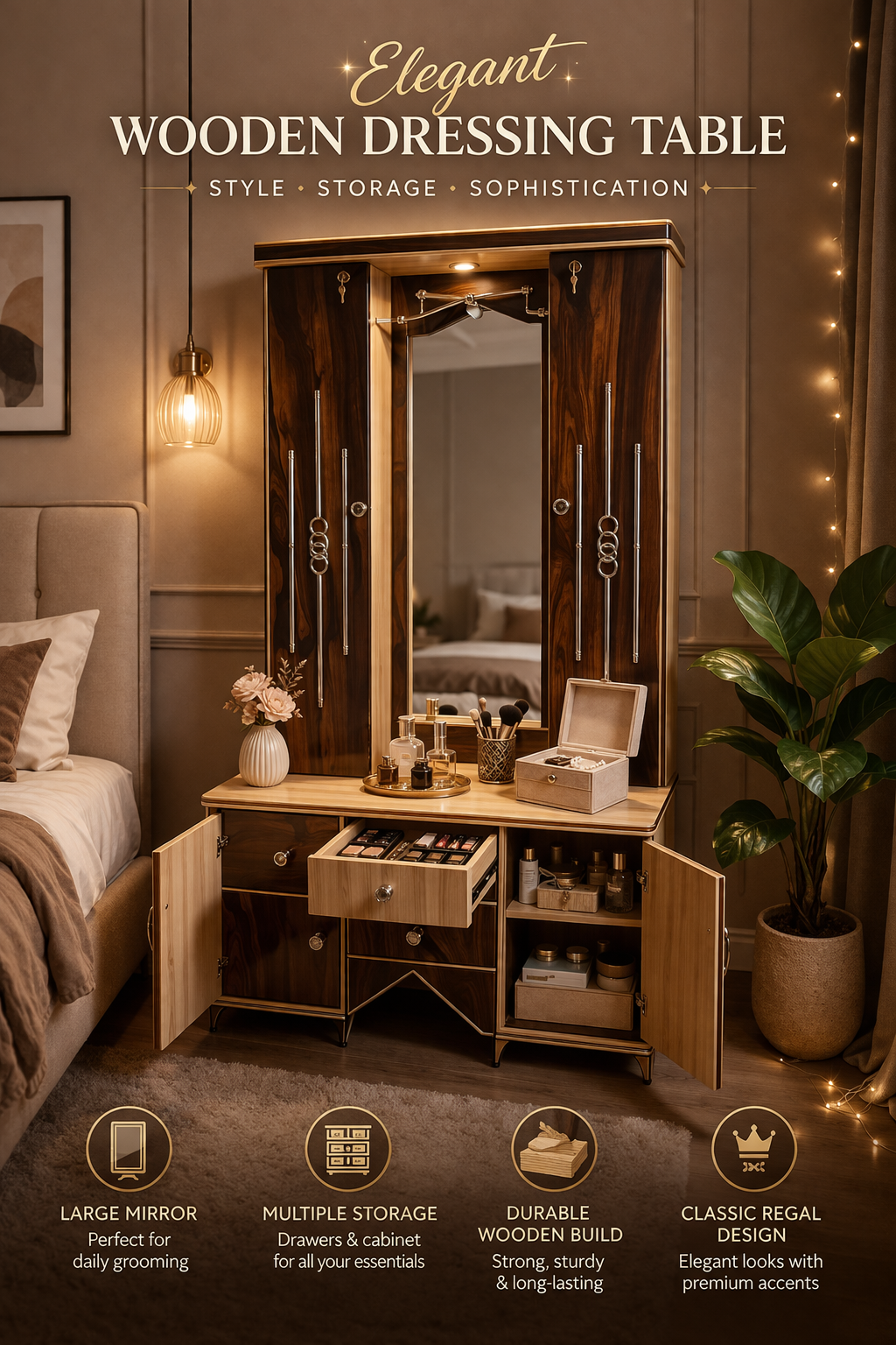 Luxury Wooden Dressing Table with Mirror & Storage | Premium Vanity Table with Drawers & Cabinet