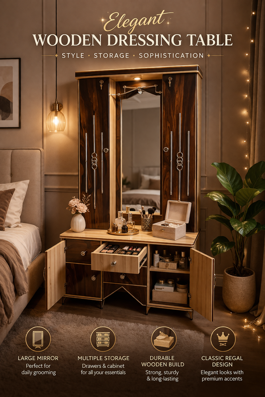 Luxury Wooden Dressing Table with Mirror & Storage | Premium Vanity Table with Drawers & Cabinet