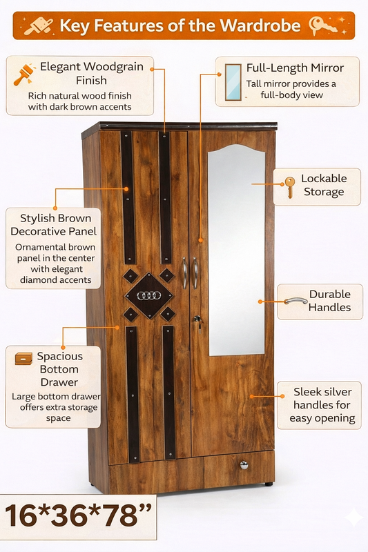 Wooden 2 Door Wardrobe with Mirror | 16x36x78 Inch Almirah | Lockable Storage Cupboard with Drawer