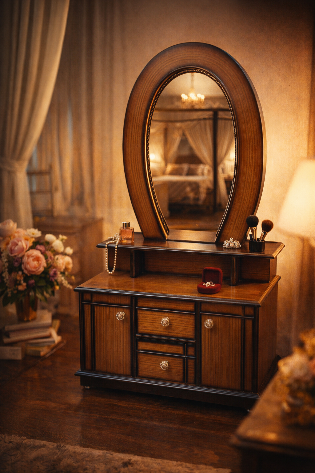 Wooden Dressing Table with Oval Mirror | Makeup Vanity Organizer with Drawers & Side Cabinets