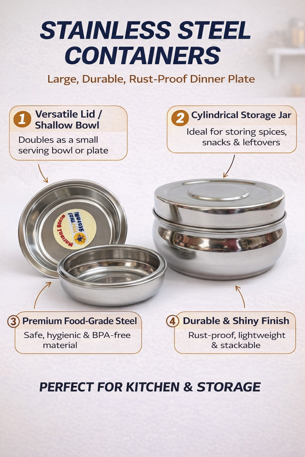 Stainless Steel Container with Lid | Multipurpose Storage Jar & Bowl