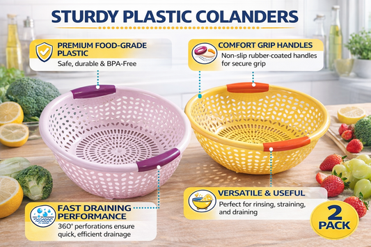 Plastic Colander Set (2-Pack) – Food-Grade BPA-Free Strainer Bowls with Handles, Fast Draining Perforated Design, Lightweight & Durable, Kitchen Fruit & Vegetable Washing Basket