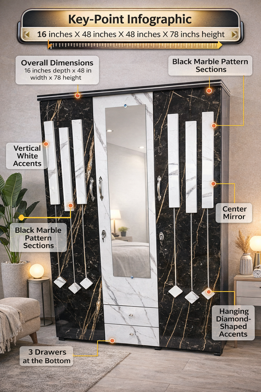 3 Door Wardrobe with Mirror | Black Marble Finish Wooden Almirah