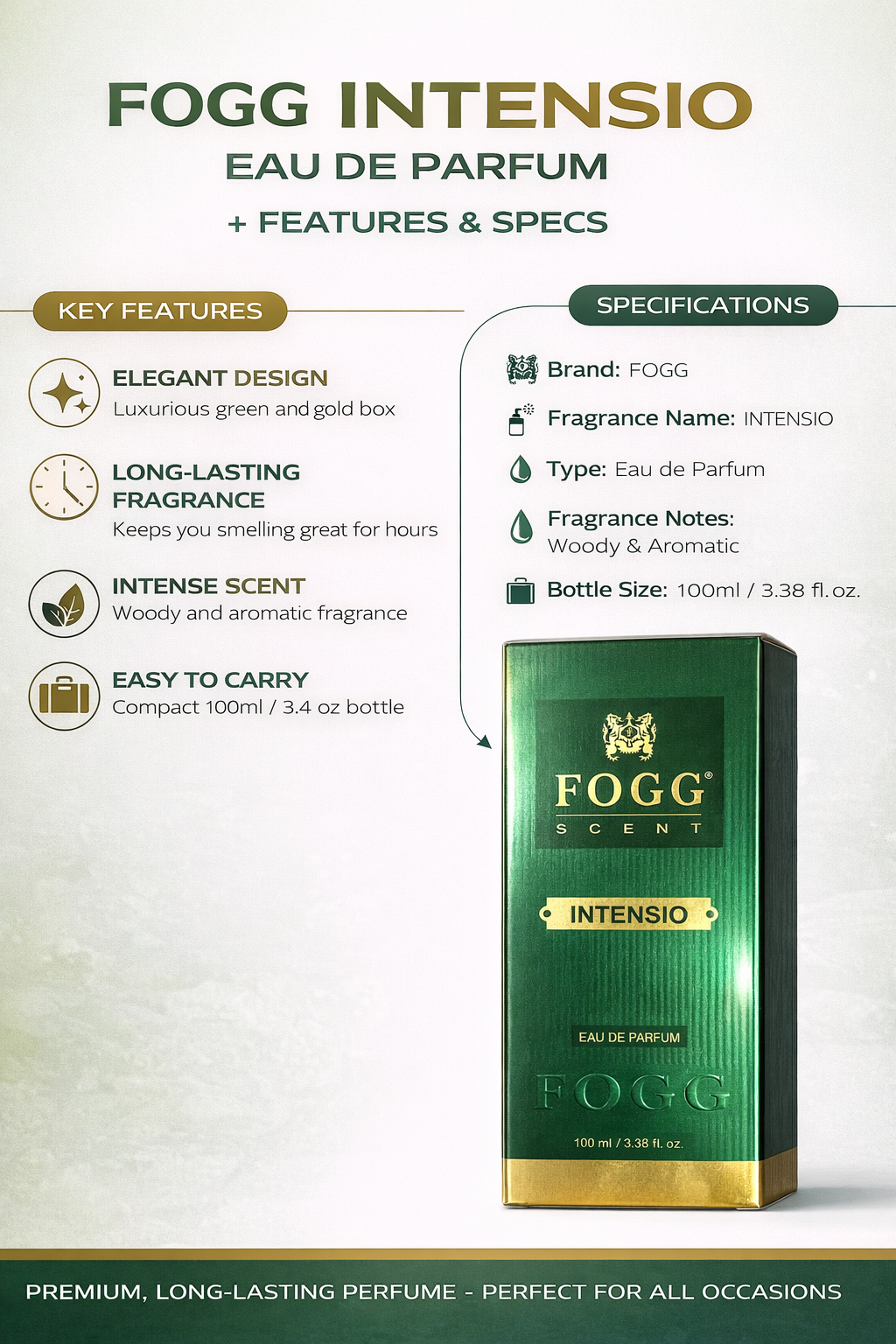 FOGG Intensio Eau De Parfum for Men 100ml | Long Lasting Woody Aromatic Perfume | Premium Fragrance Spray for Daily Use & Special Occasions