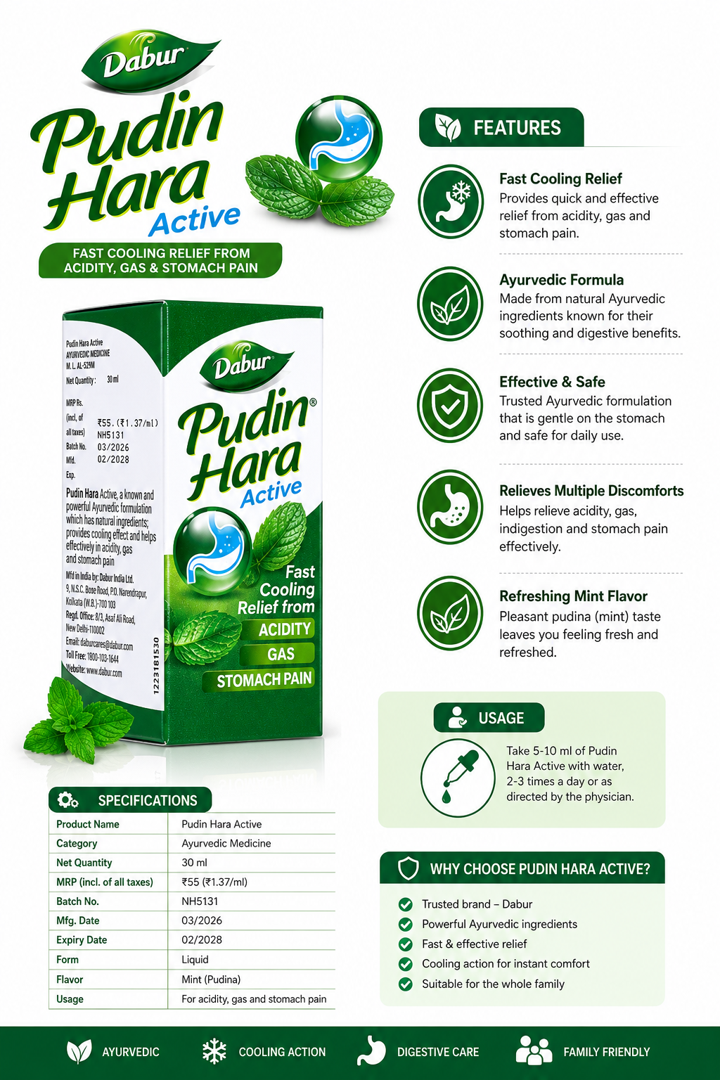 Dabur Pudin Hara Active Ayurvedic Digestive Liquid | Fast Relief from Acidity, Gas & Stomach Pain | Pudina (Mint) Based Ayurvedic Formula | Digestive Care