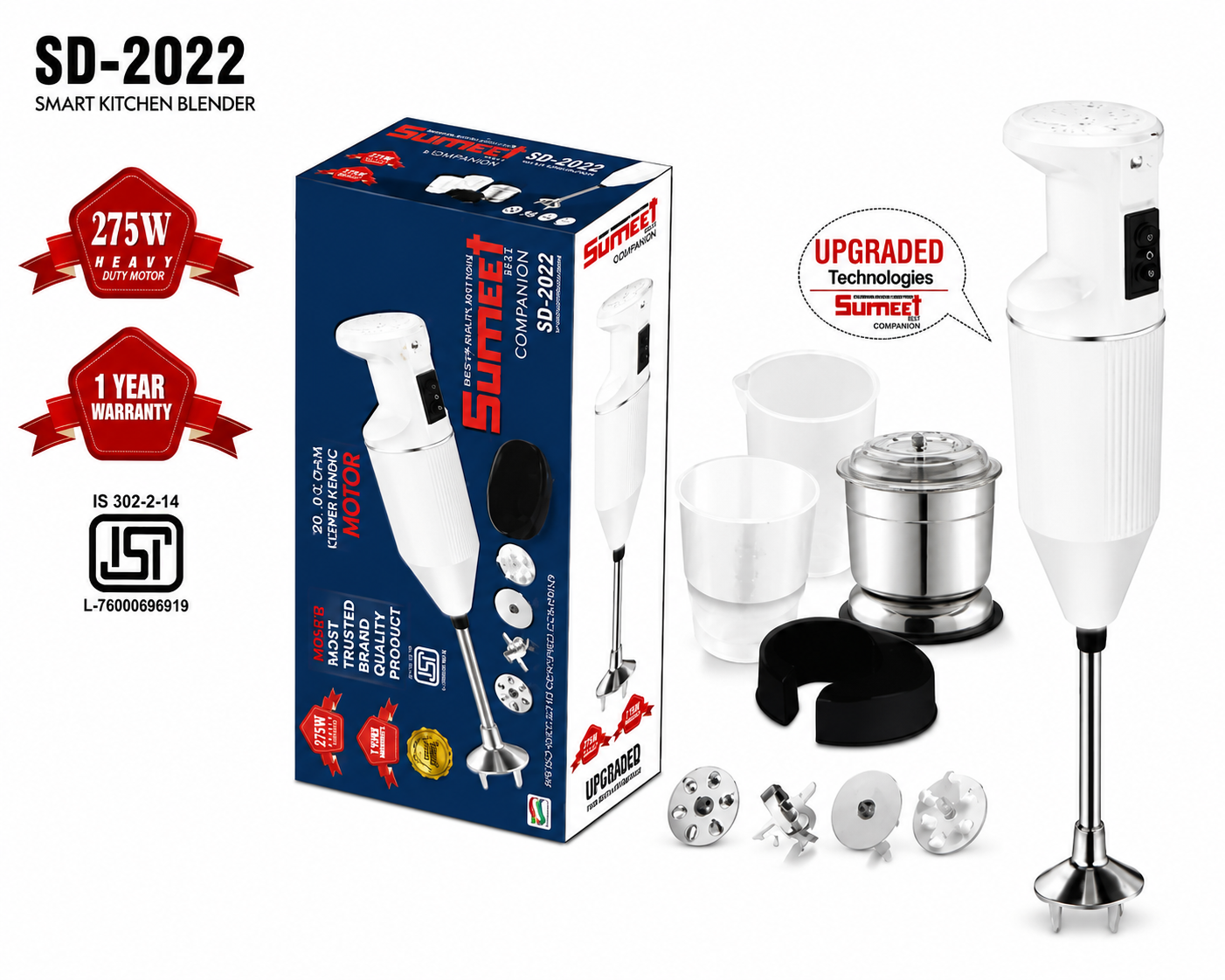 Sumeet SD-2022 Smart Kitchen Blender 275W | Hand Blender with Stainless Steel Blending Shaft | 4 Interchangeable Blades | Grinder Jar, Beaker & Measuring Cup Included | ISI Certified | 1 Year Warranty