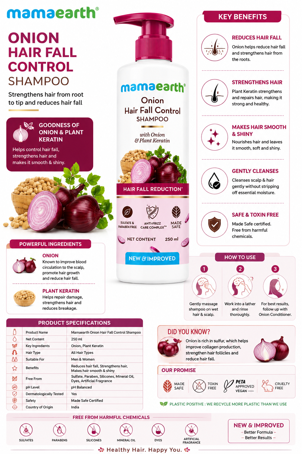 Mamaearth Onion Hair Fall Control Shampoo with Onion & Plant Keratin, Strengthens Hair & Helps Reduce Hair Fall, Sulfate & Paraben Free, For All Hair Types, 250 ml