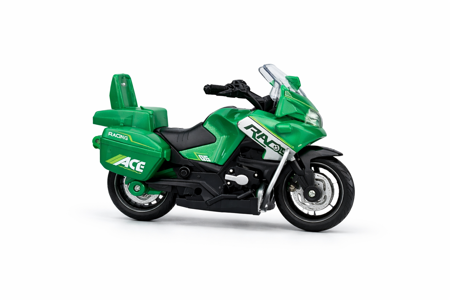Green Die-Cast Touring Motorcycle Toy for Kids, Pull Back Bike with Light, Engine Sound and Rear Suspension, Racing Bike Toy for Ages 3+