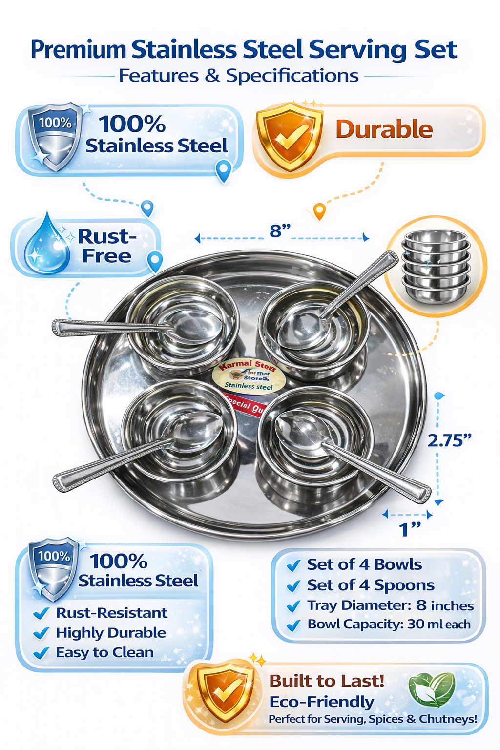 Stainless Steel Serving Set with Tray (4 Bowls + 4 Spoons) | Rust-Resistant Mini Katori Set for Chutney, Spices & Serving | Durable Steel Dinnerware Set