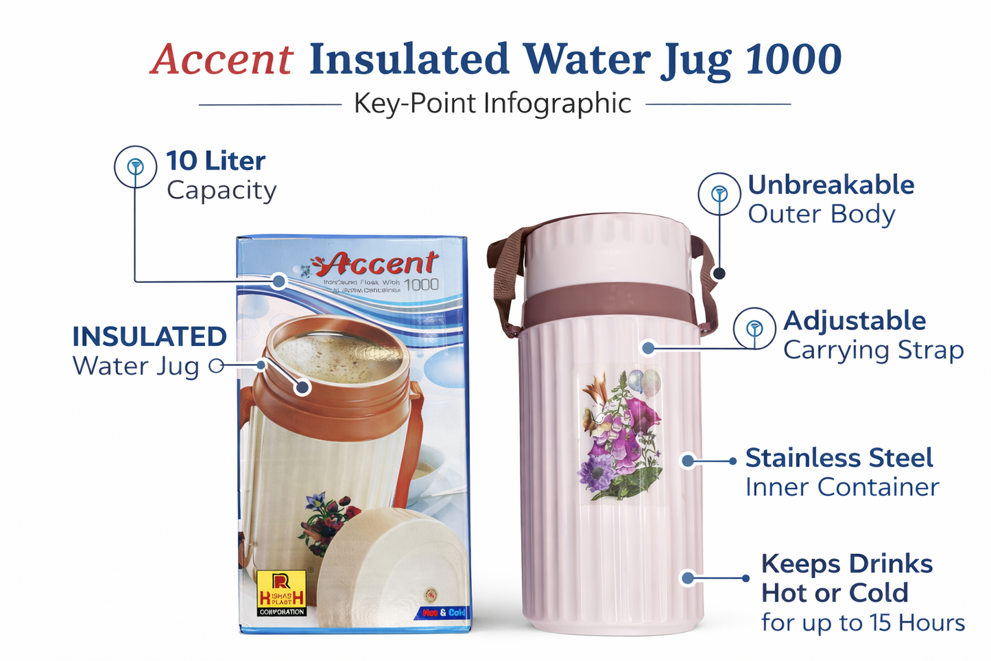 Accent 10L Insulated Water Jug with Stainless Steel Inner | Hot & Cold Water Dispenser with Strap