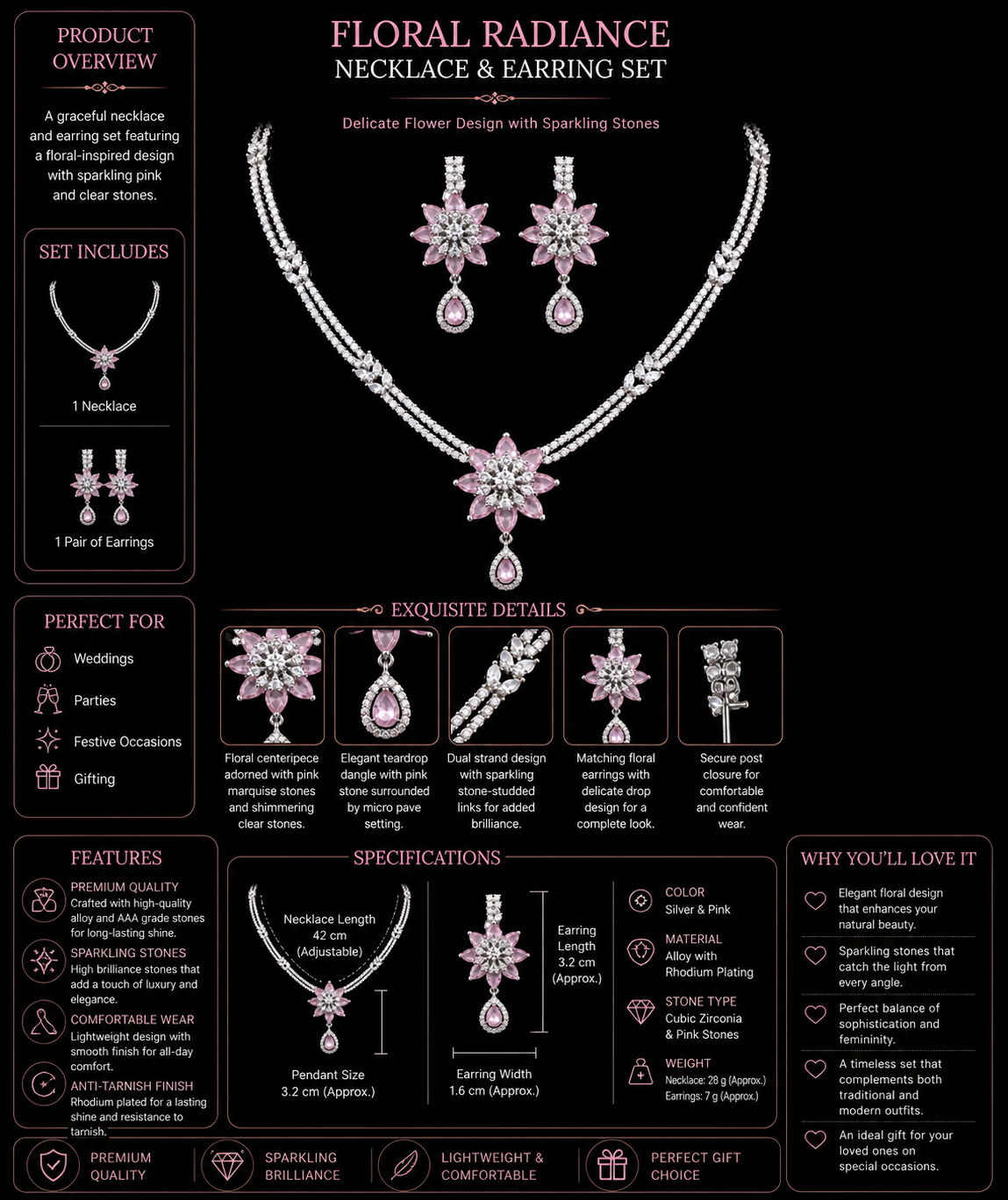 A graceful necklace and earring set featuring a floral-inspired design with sparkling pink and clear stones.