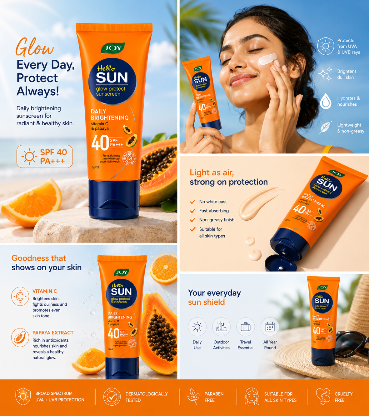 Joy Hello Sun Glow Protect Sunscreen SPF 40 PA+++ with Vitamin C & Papaya Extract | Daily Brightening Sunscreen | Broad Spectrum UVA UVB Protection | Lightweight Non-Greasy Formula | No White Cast | 50 ml
